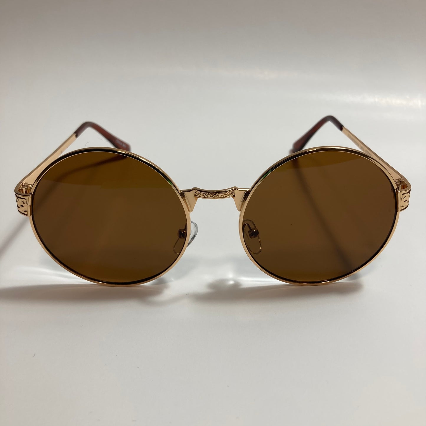 mens and womens gold round steampunk sunglasses with brown lenses