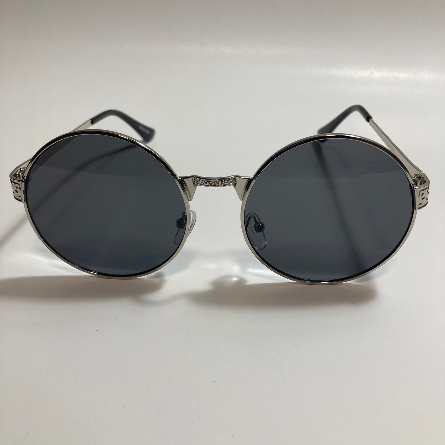 mens and womens silver round steampunk sunglasses with black lenses