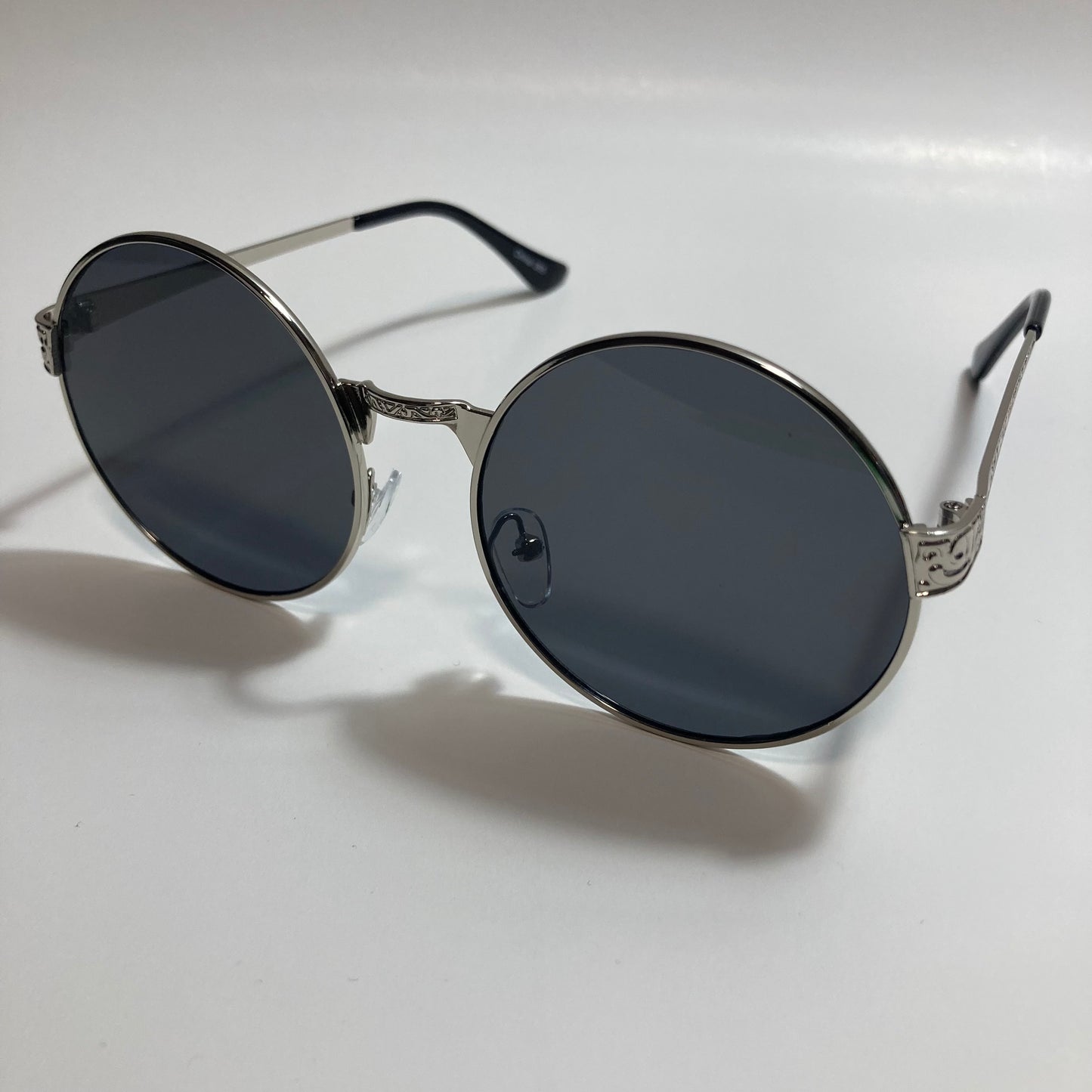 mens and womens silver round steampunk sunglasses with black lenses