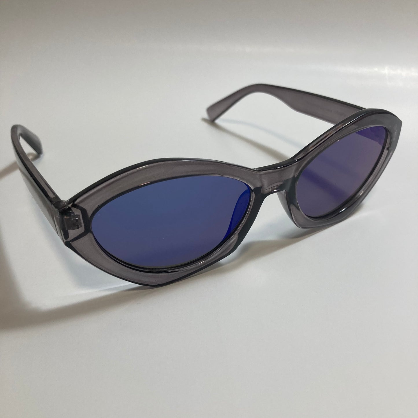 womens gray and blue mirrored cat eye sunglasses