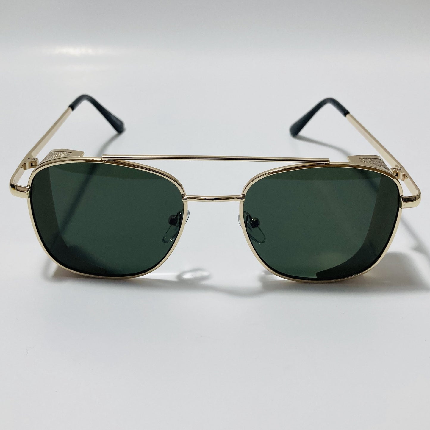 mens gold and green aviator sunglasses with side shield