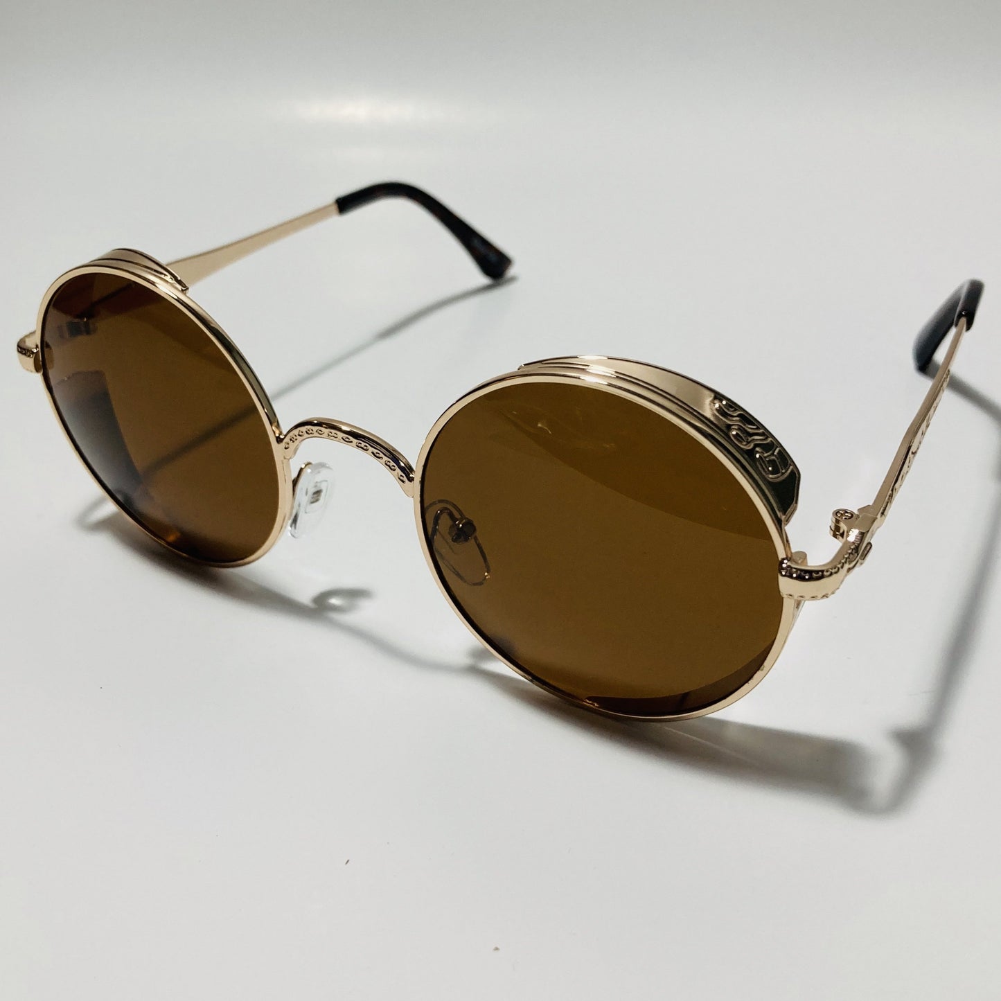 men and women brown and gold round steampunk sunglasses
