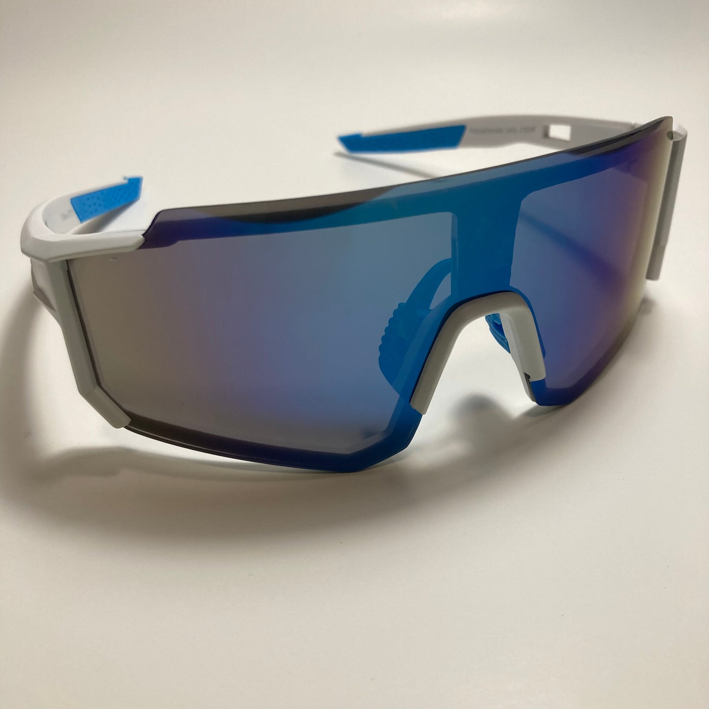 mens white and blue mirrored cycling glasses