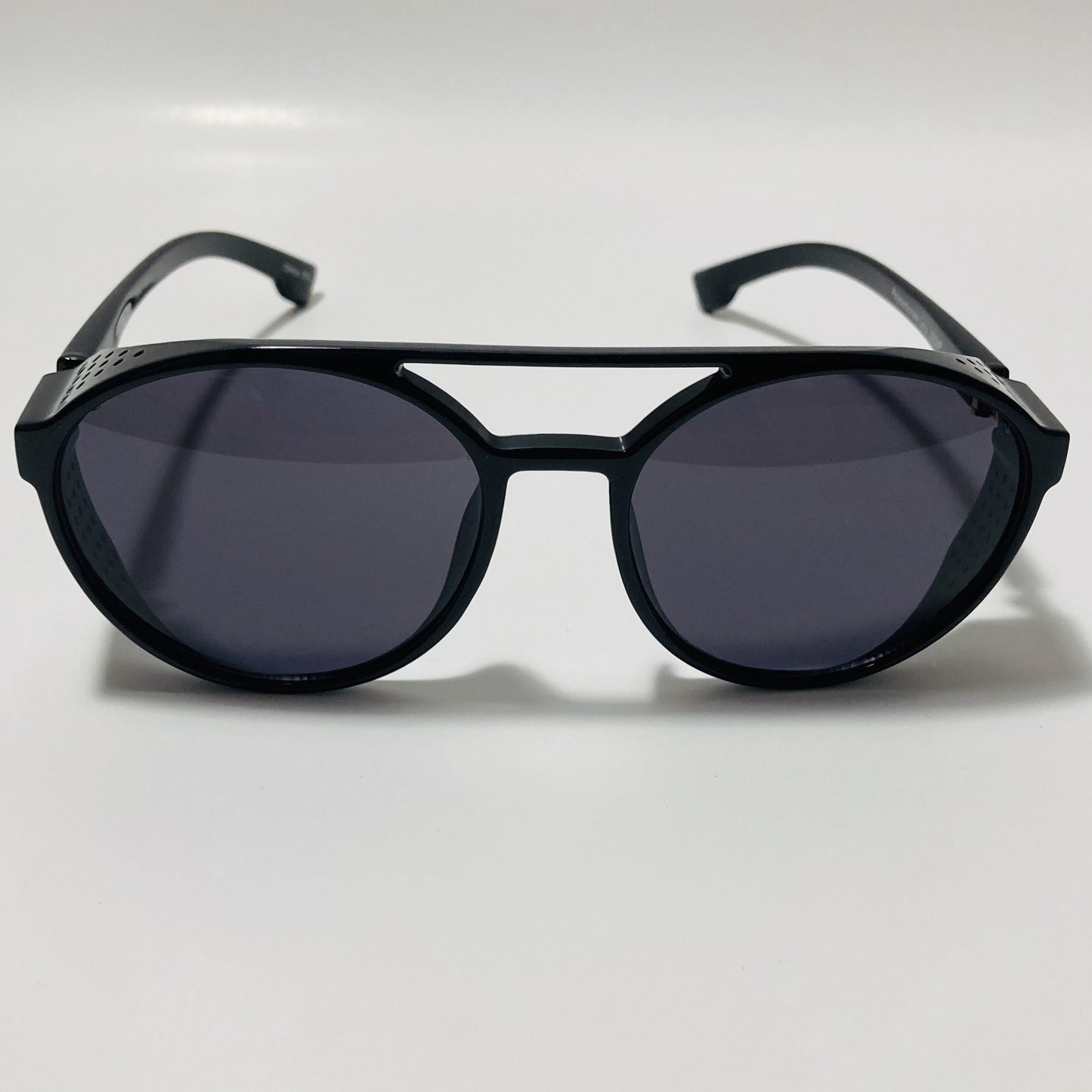 mens and womens black round steampunk sunglasses with side shields