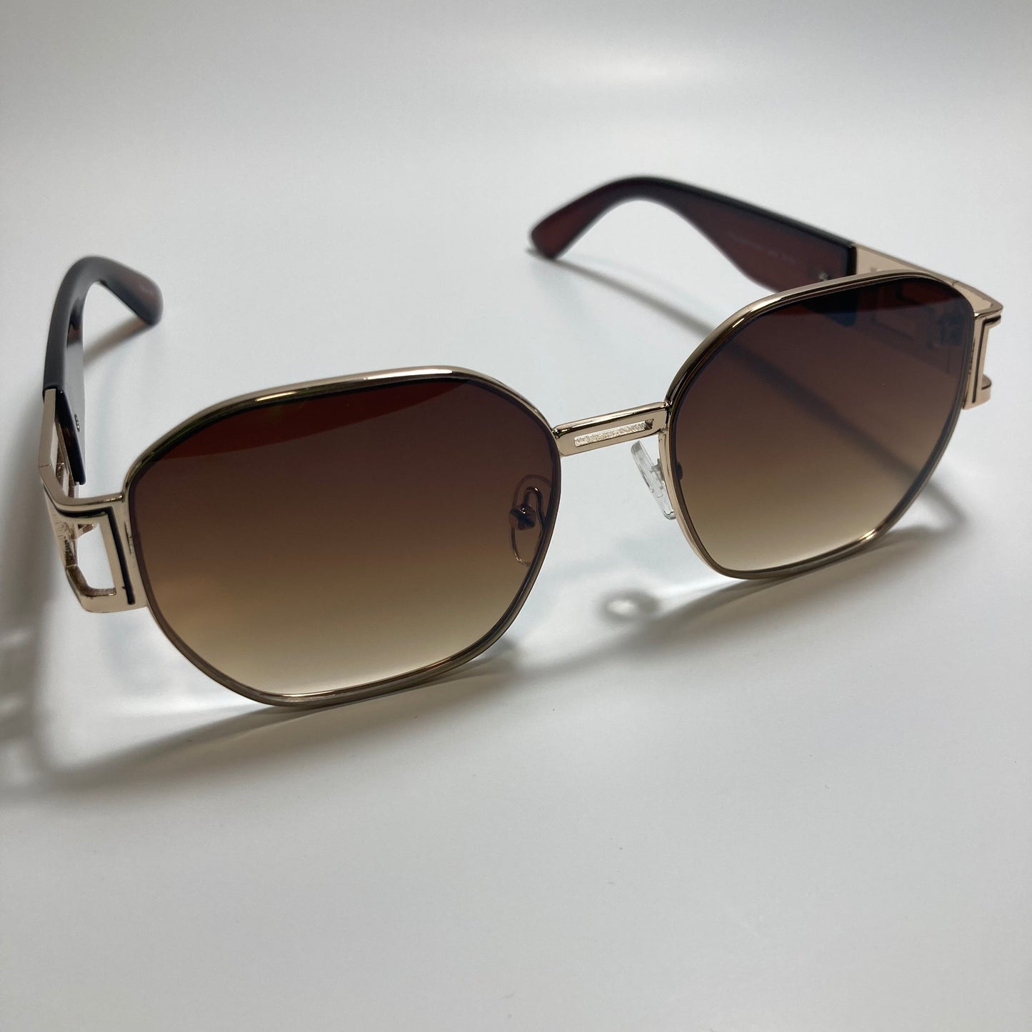 mens and womens brown and gold square sunglasses