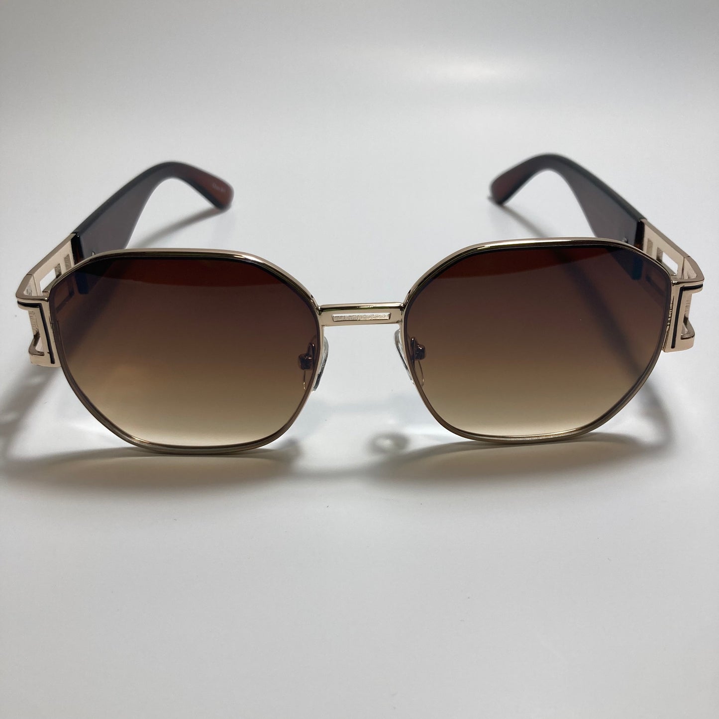 mens and womens brown and gold square sunglasses