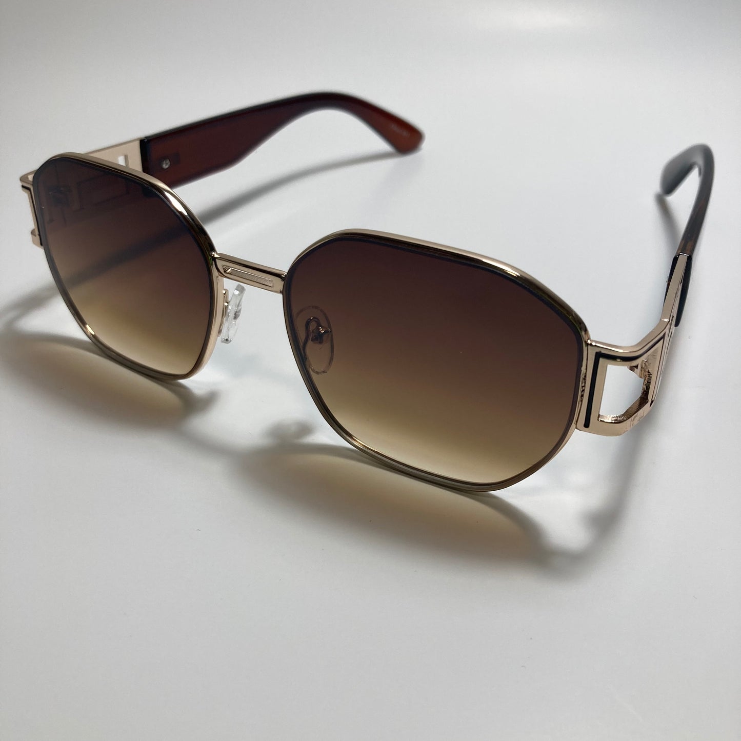mens and womens brown and gold square sunglasses
