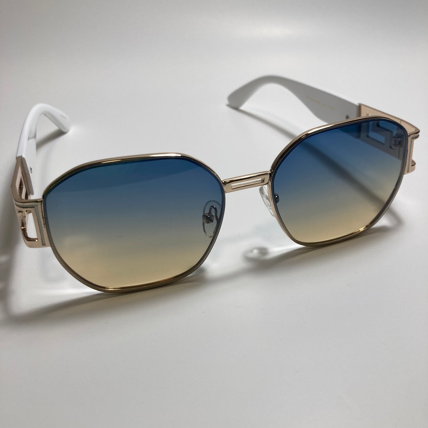mens and womens blue yellow white and gold square sunglasses