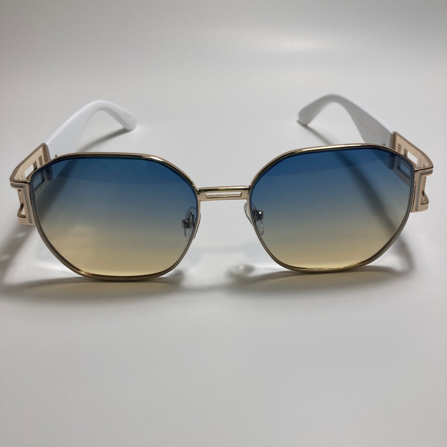 mens and womens blue yellow white and gold square sunglasses