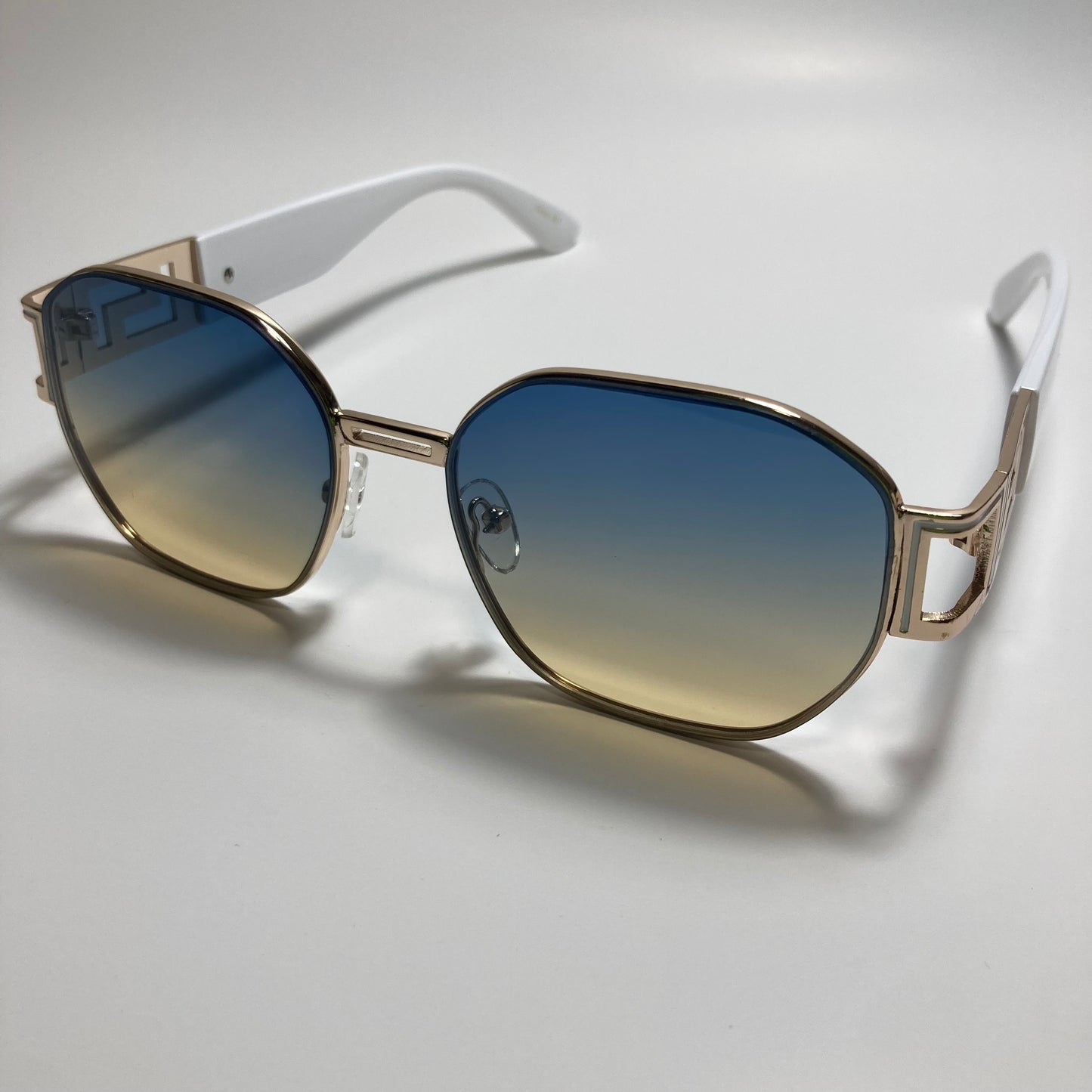 mens and womens blue yellow white and gold square sunglasses
