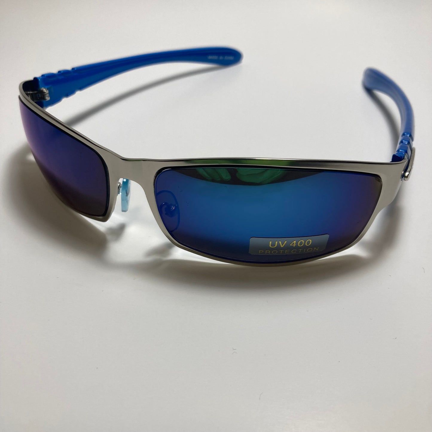 mens and womens blue and silver mirrored metal wrap around sunglasses
