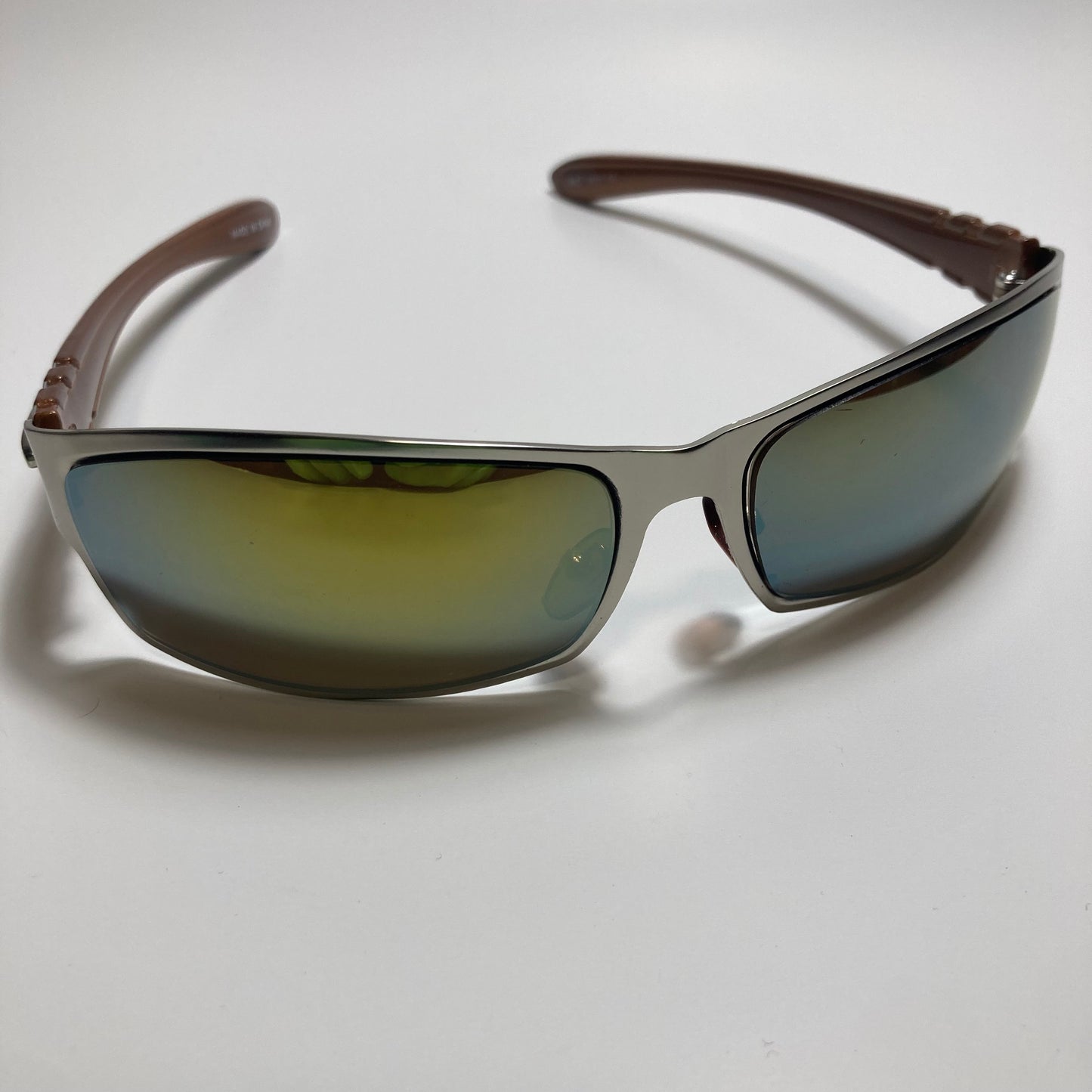 mens and womens green and silver mirrored metal wrap around sunglasses