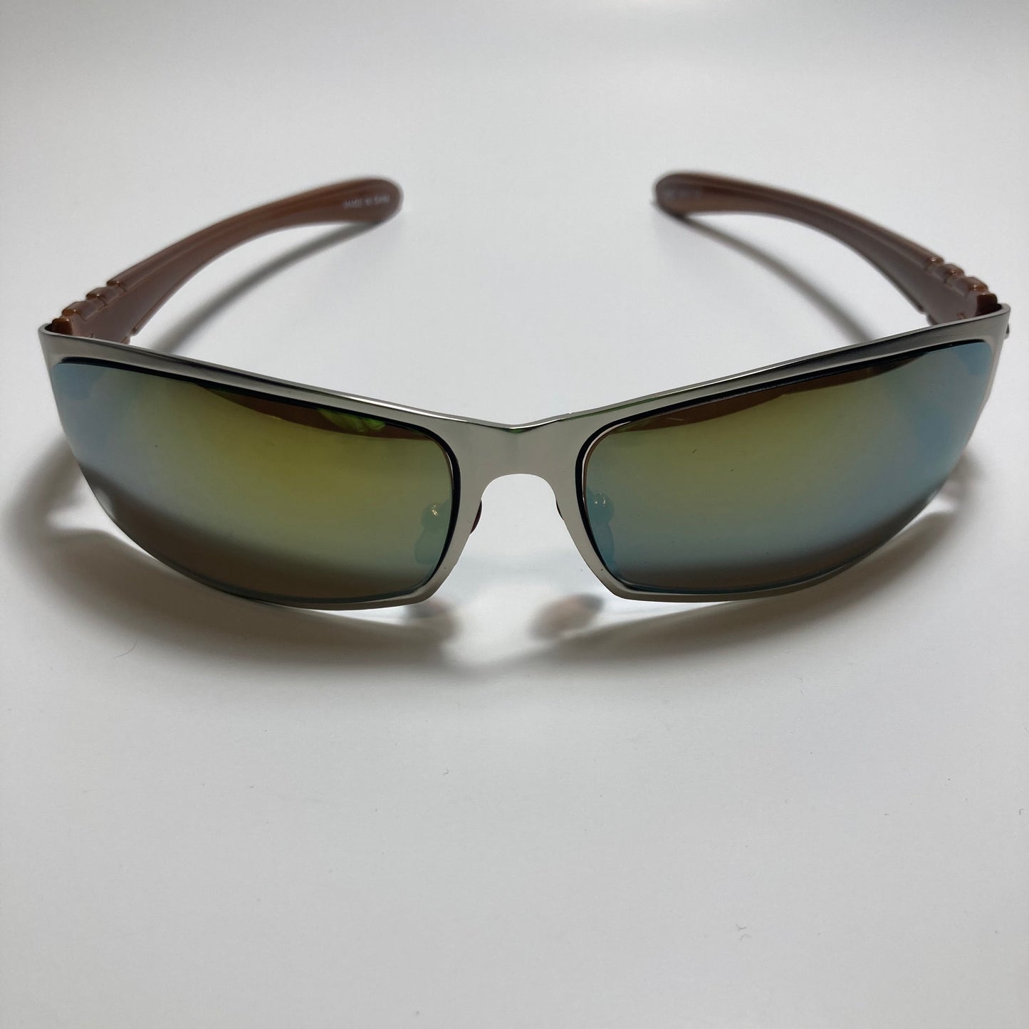 mens and womens green and silver mirrored metal wrap around sunglasses