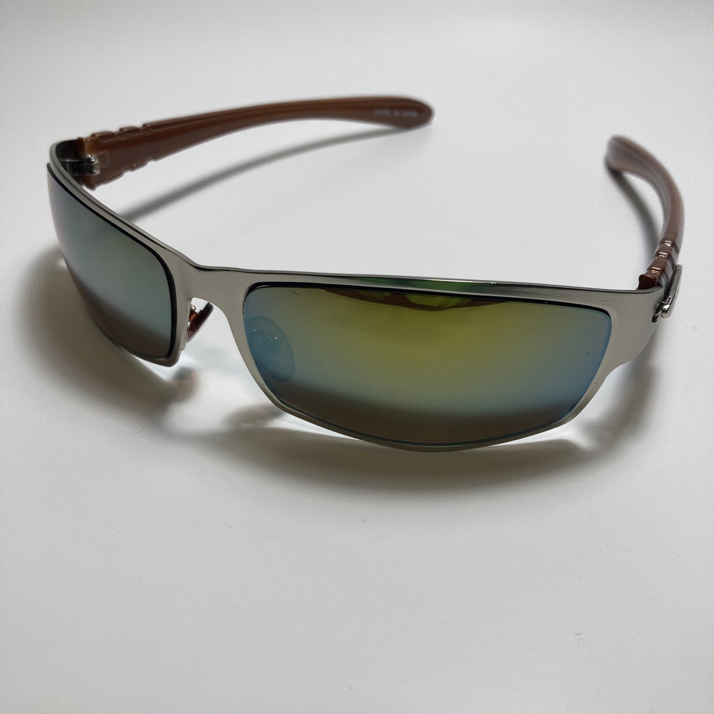 mens and womens green and silver mirrored metal wrap around sunglasses
