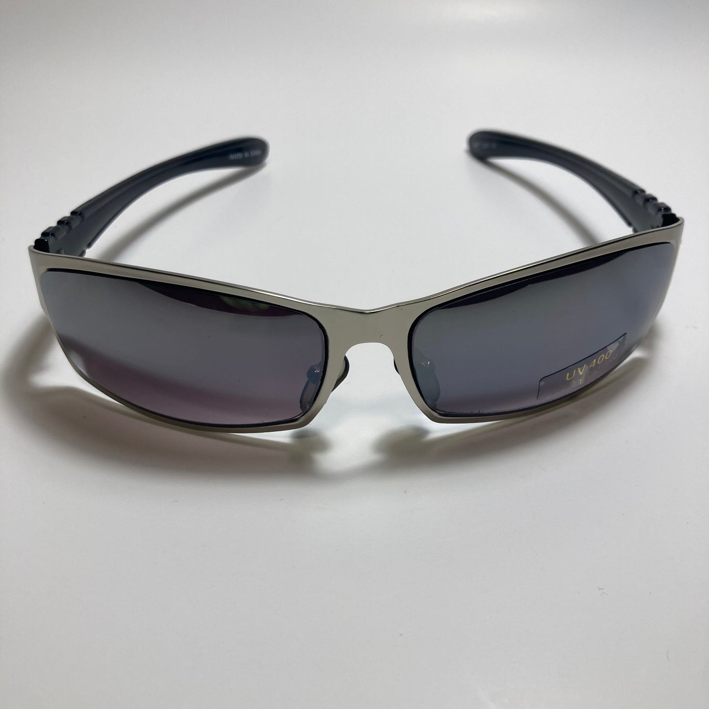 mens and womens black and silver metal wrap around sunglasses