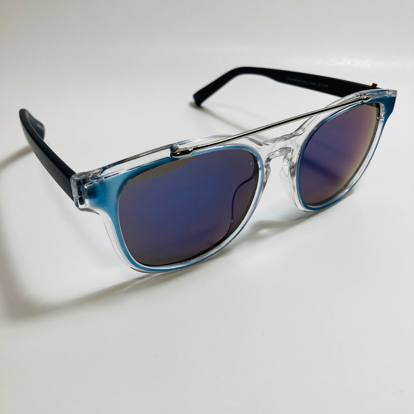 mens and womens blue and black mirrored round sunglasses with crossbar