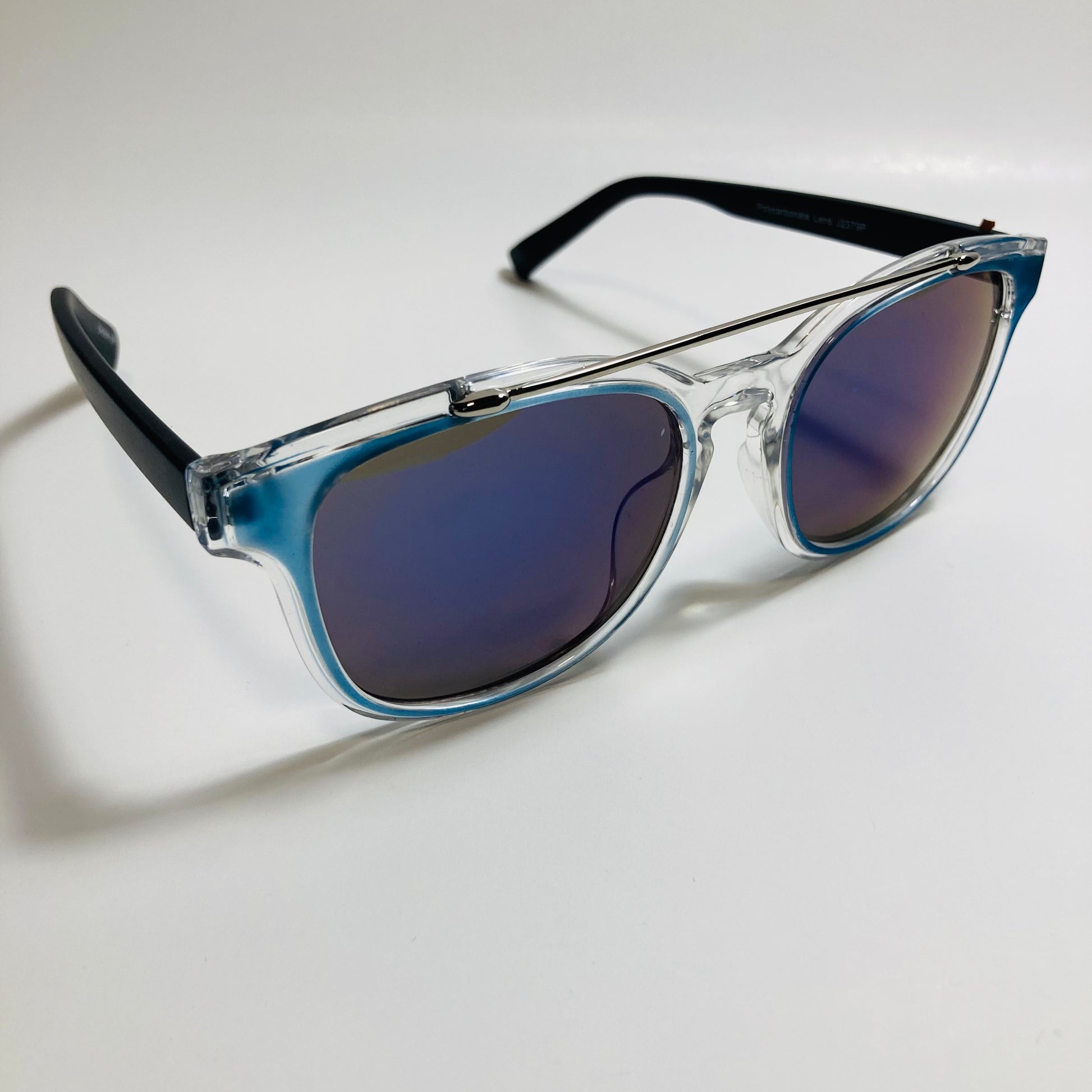 mens and womens blue and black mirrored round sunglasses with crossbar