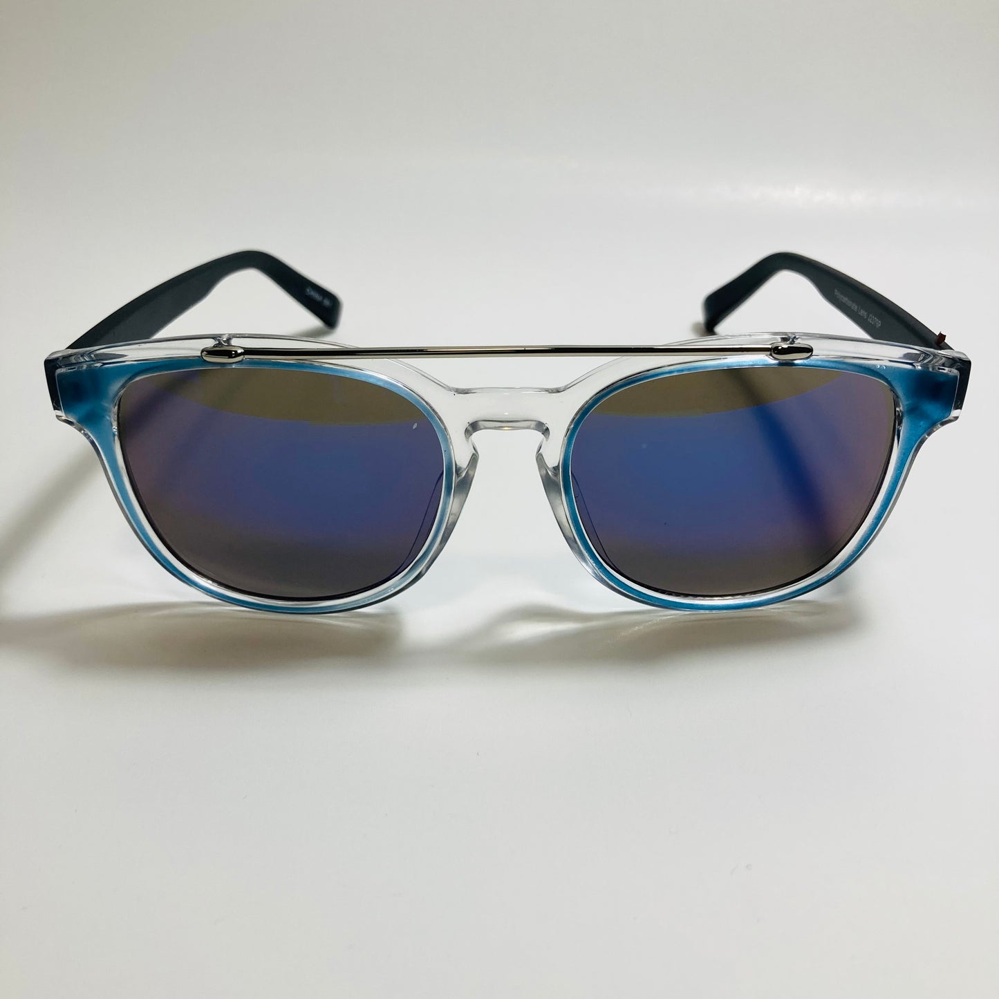 mens and womens blue and black mirrored round sunglasses with crossbar