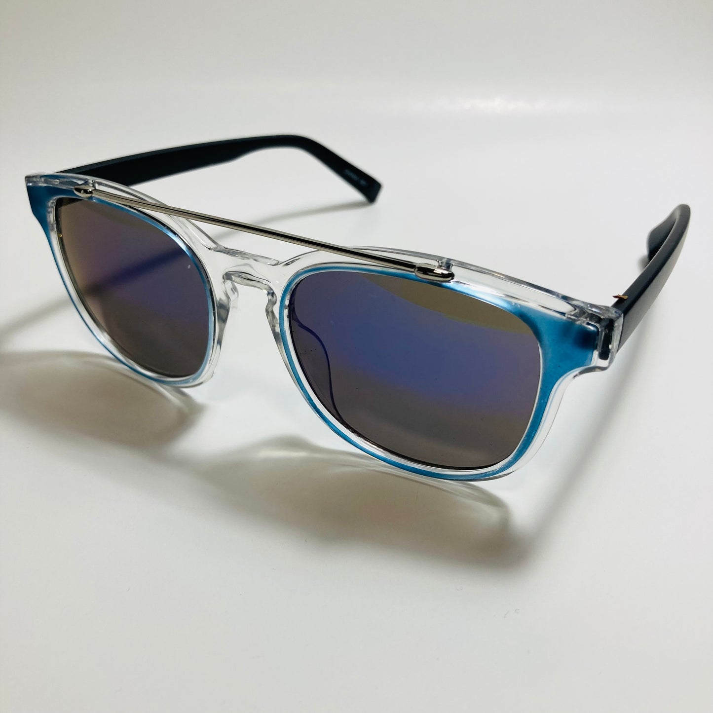 mens and womens blue and black mirrored round sunglasses with crossbar