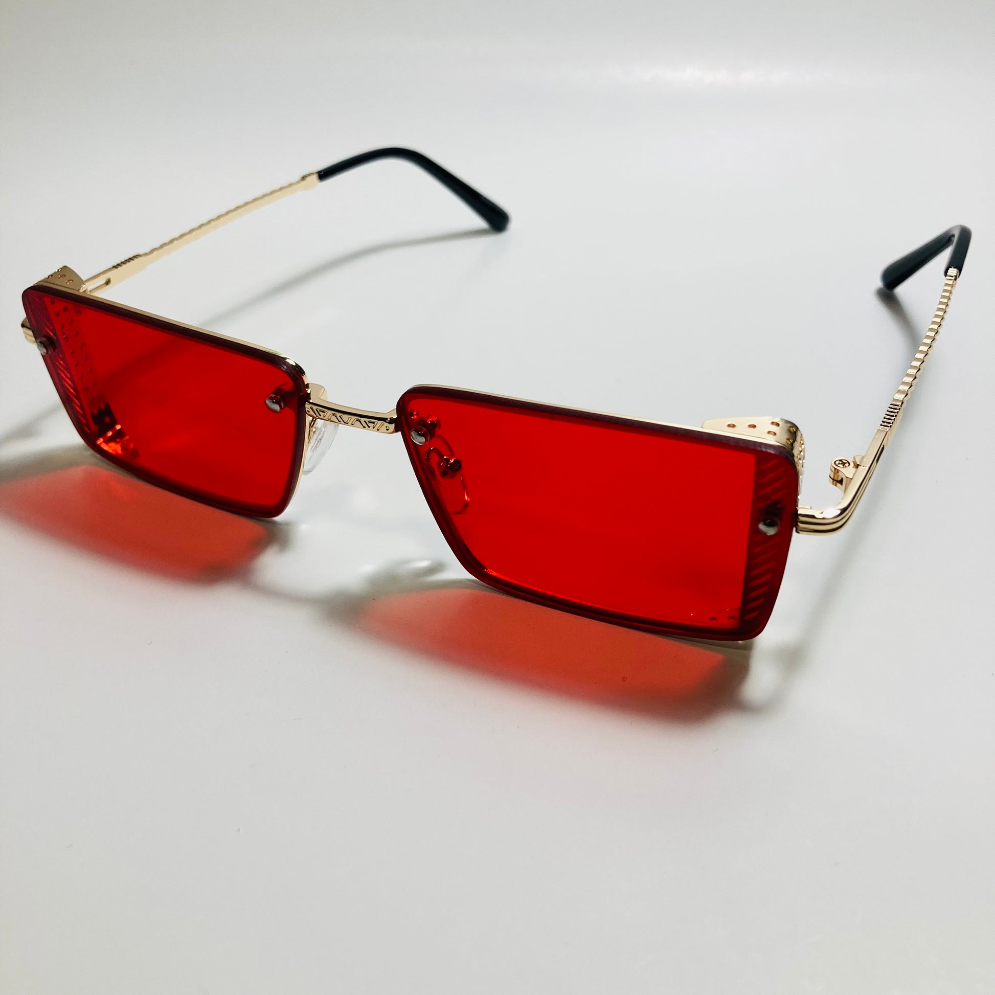 mens and womens red and gold side shield square sunglasses