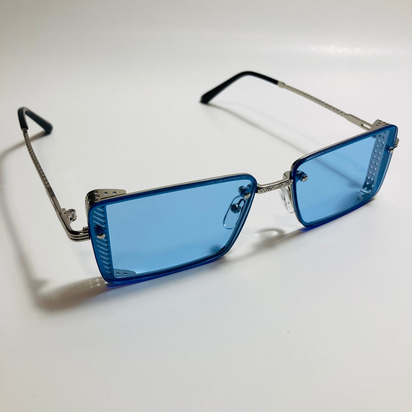 mens and womens blue and silver side shield square sunglasses