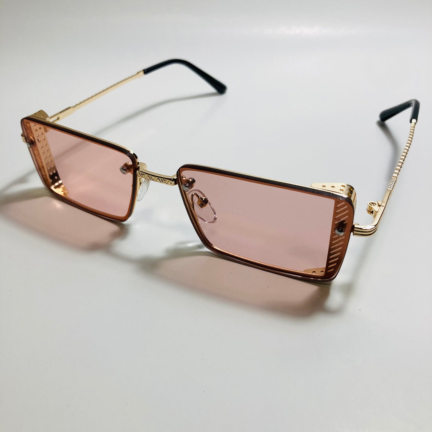 mens and womens pink and gold side shield square sunglasses