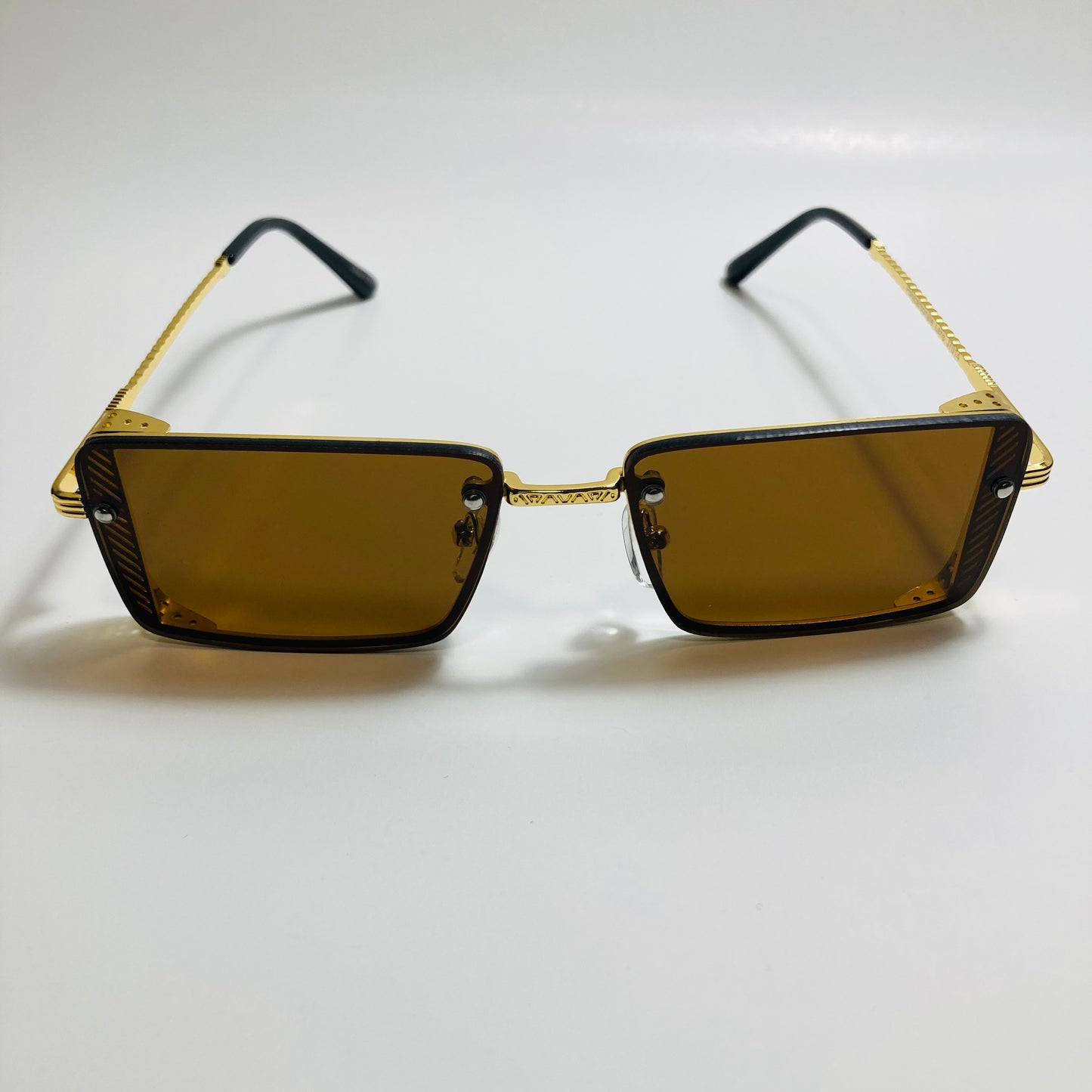 mens and womens brown and gold side shield square sunglasses