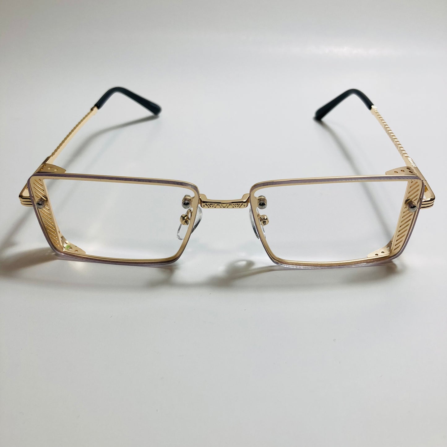 mens and womens clear and gold side shield square fake glasses