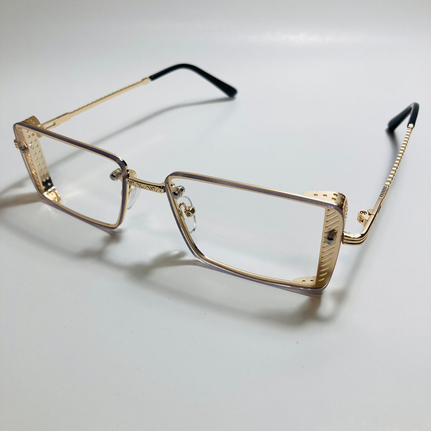mens and womens clear and gold side shield square fake glasses