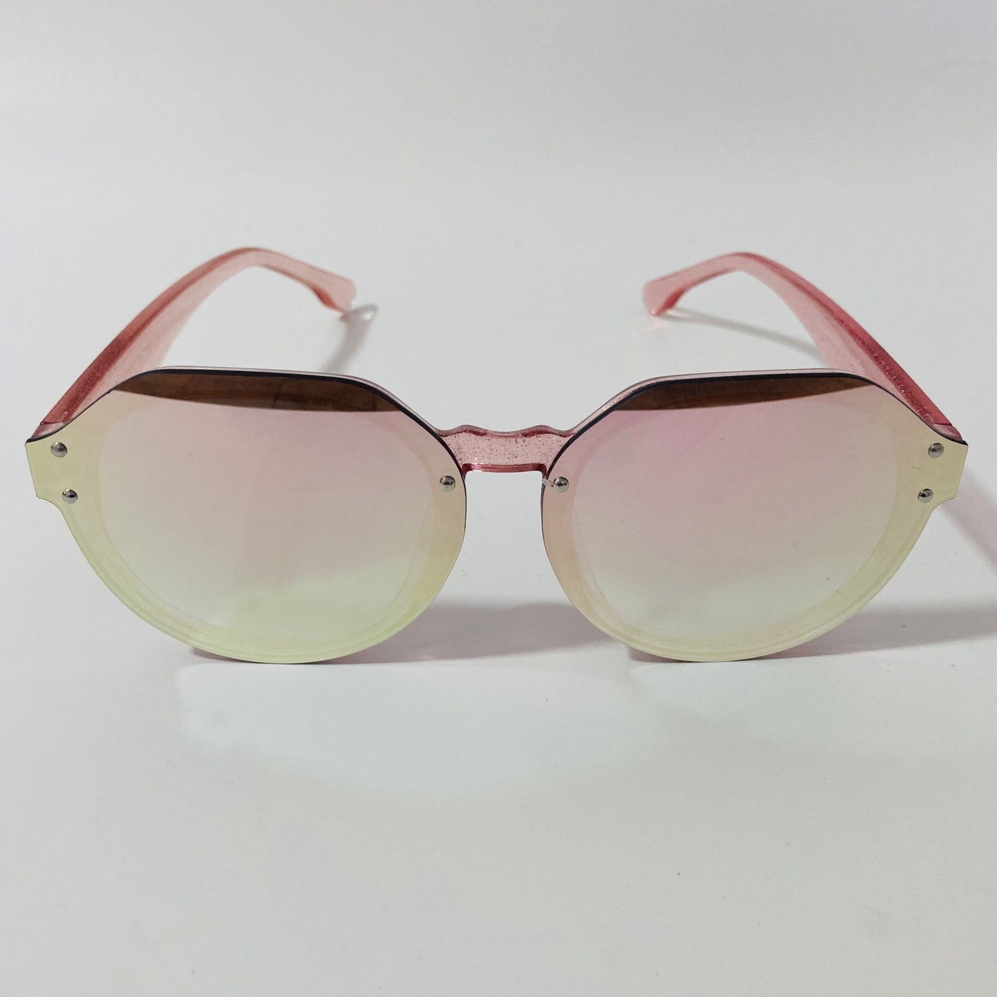 womens green and pink mirrored round glitter sunglasses