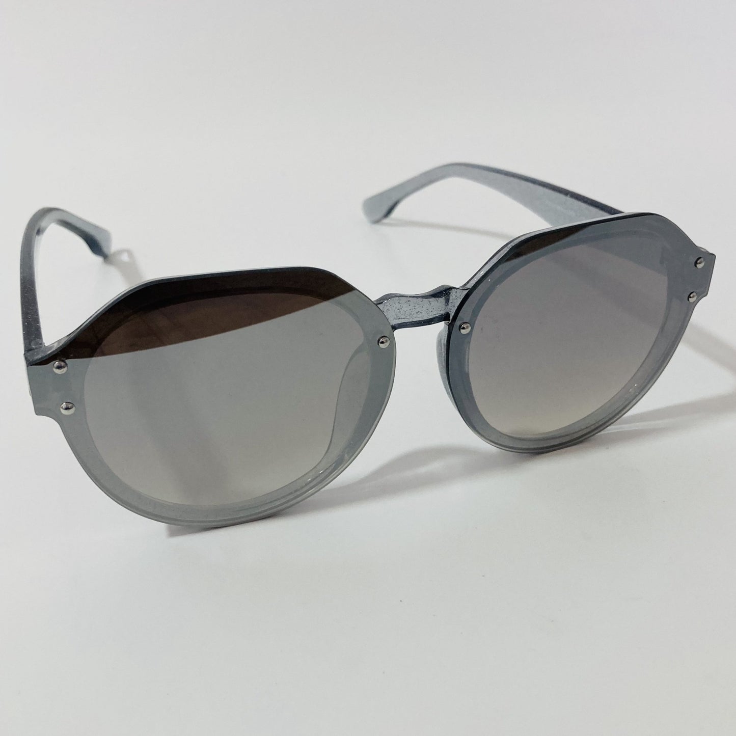 womens gray and silver mirrored round glitter sunglasses