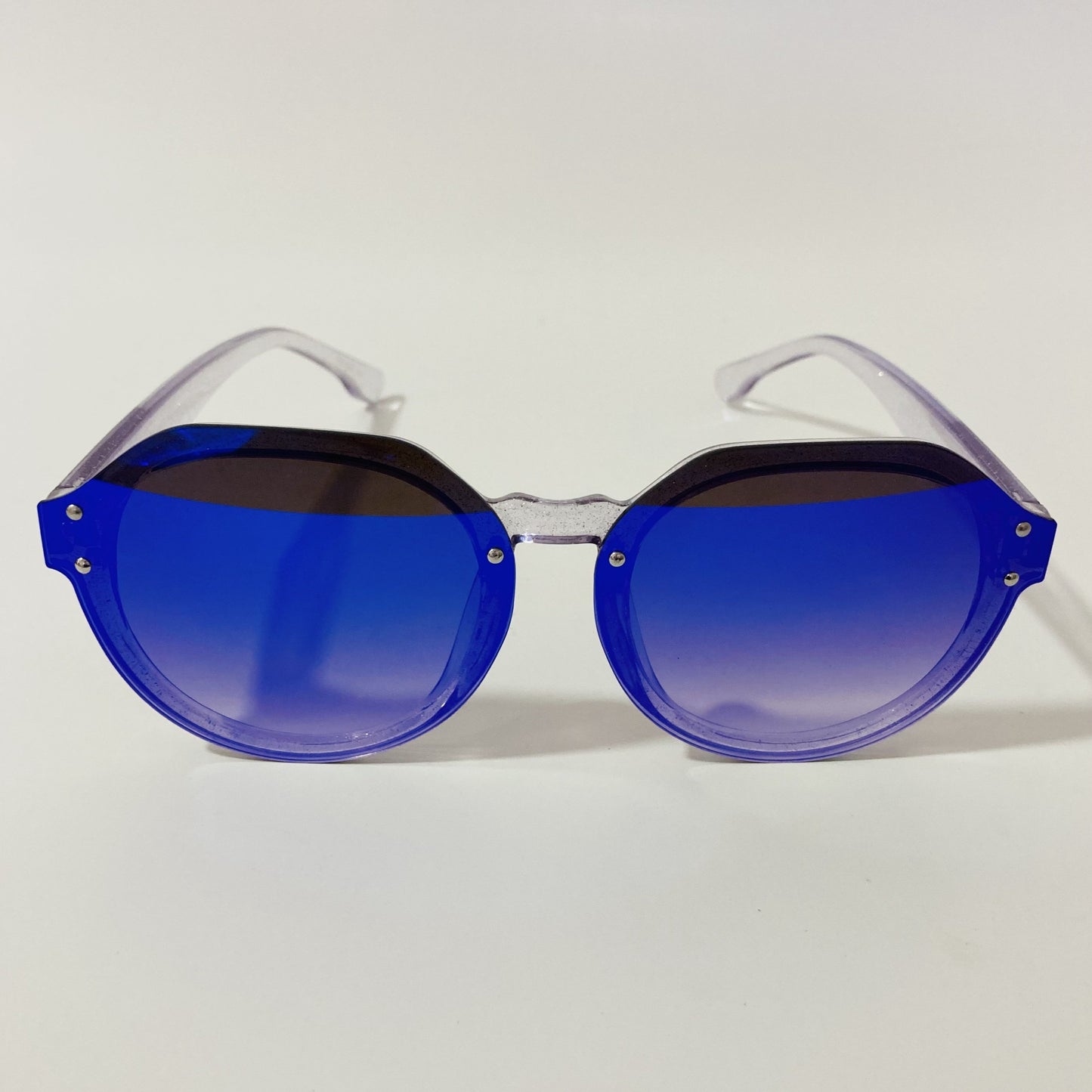 womens blue and white mirrored round glitter sunglasses