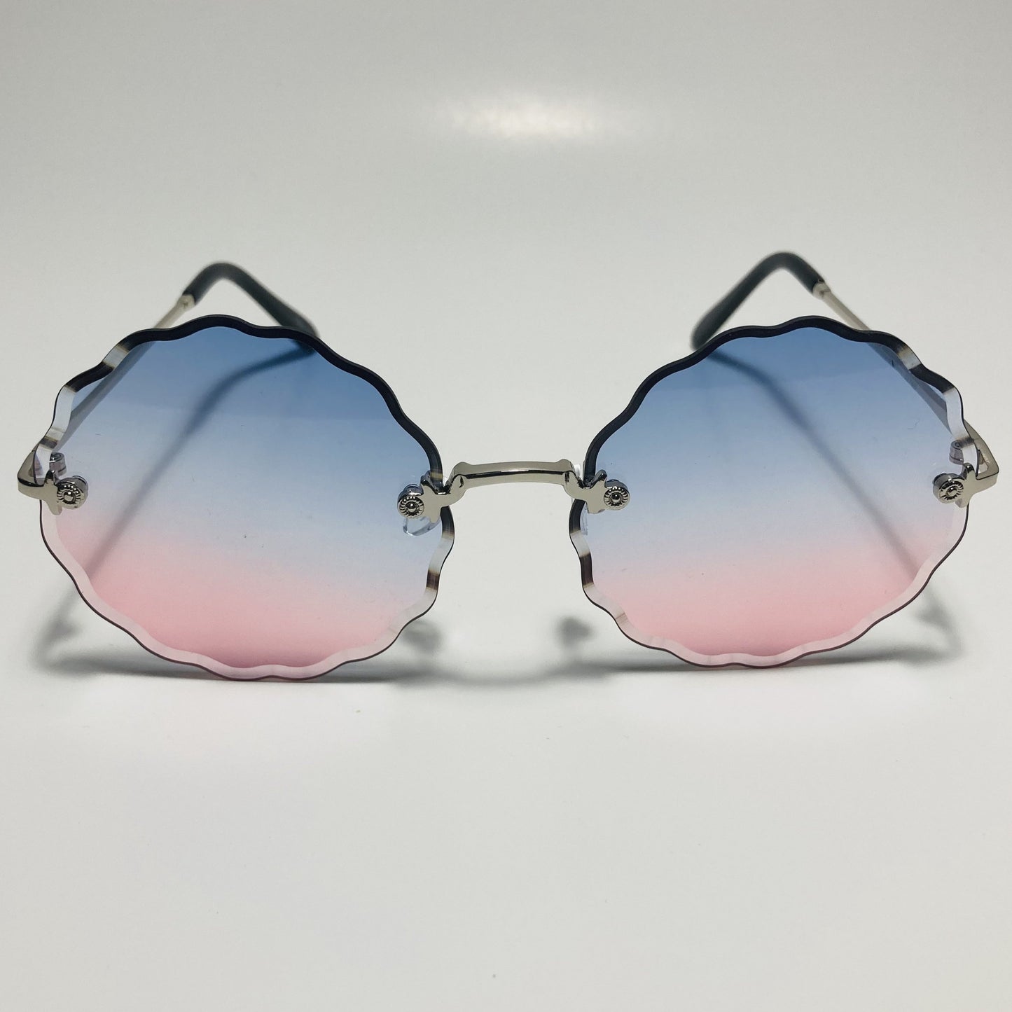 womens pink blue and silver rimless round sunglasses