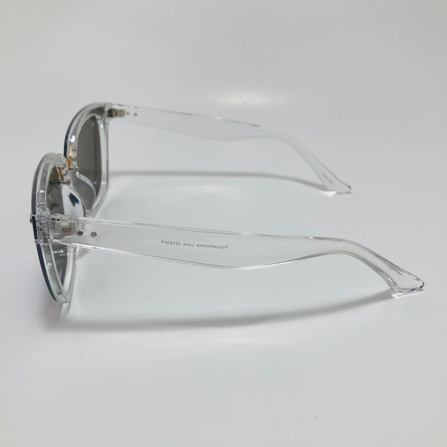 square womens sunglasses with clear frame and blue mirrored lenses