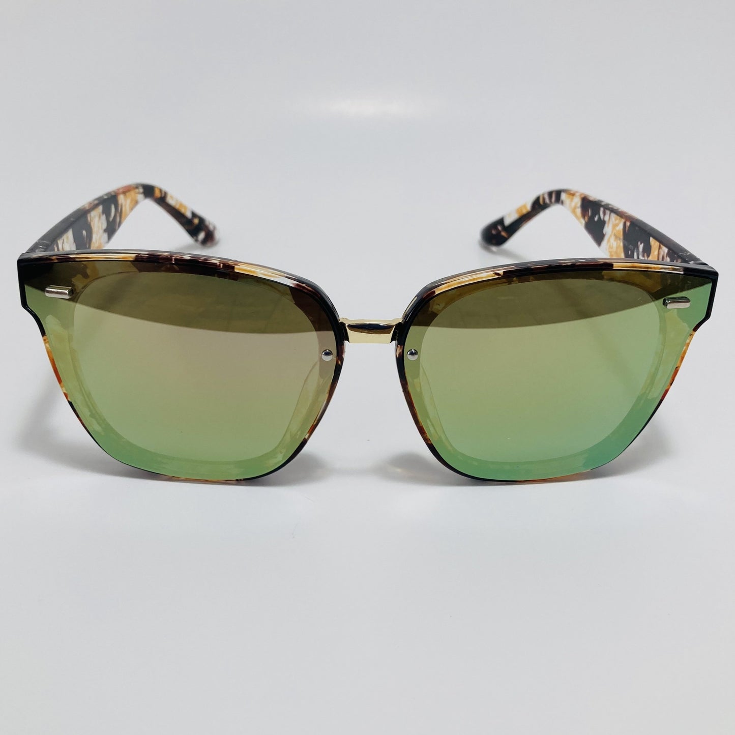 yellow flower print square womens sunglasses with mirrored green lenses
