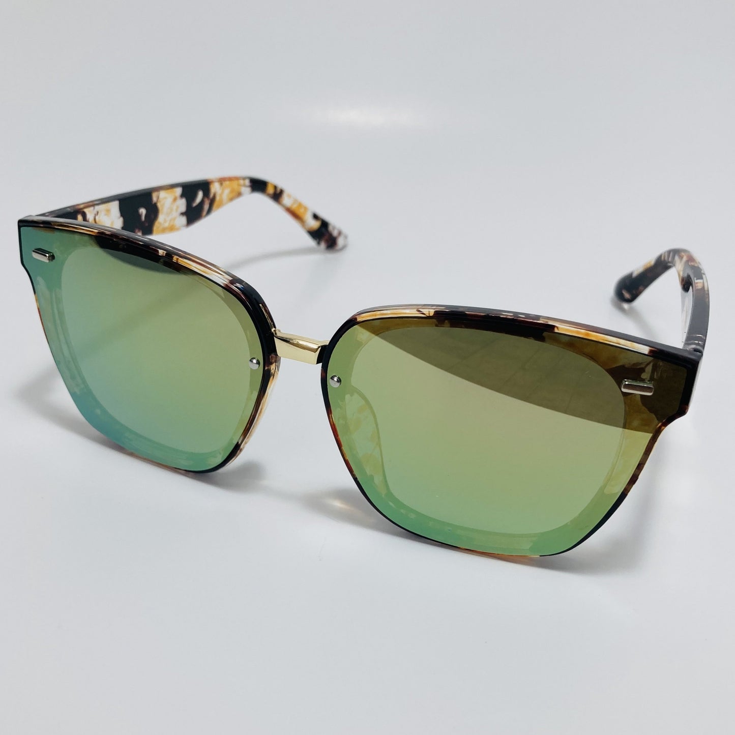 yellow flower print square womens sunglasses with mirrored green lenses