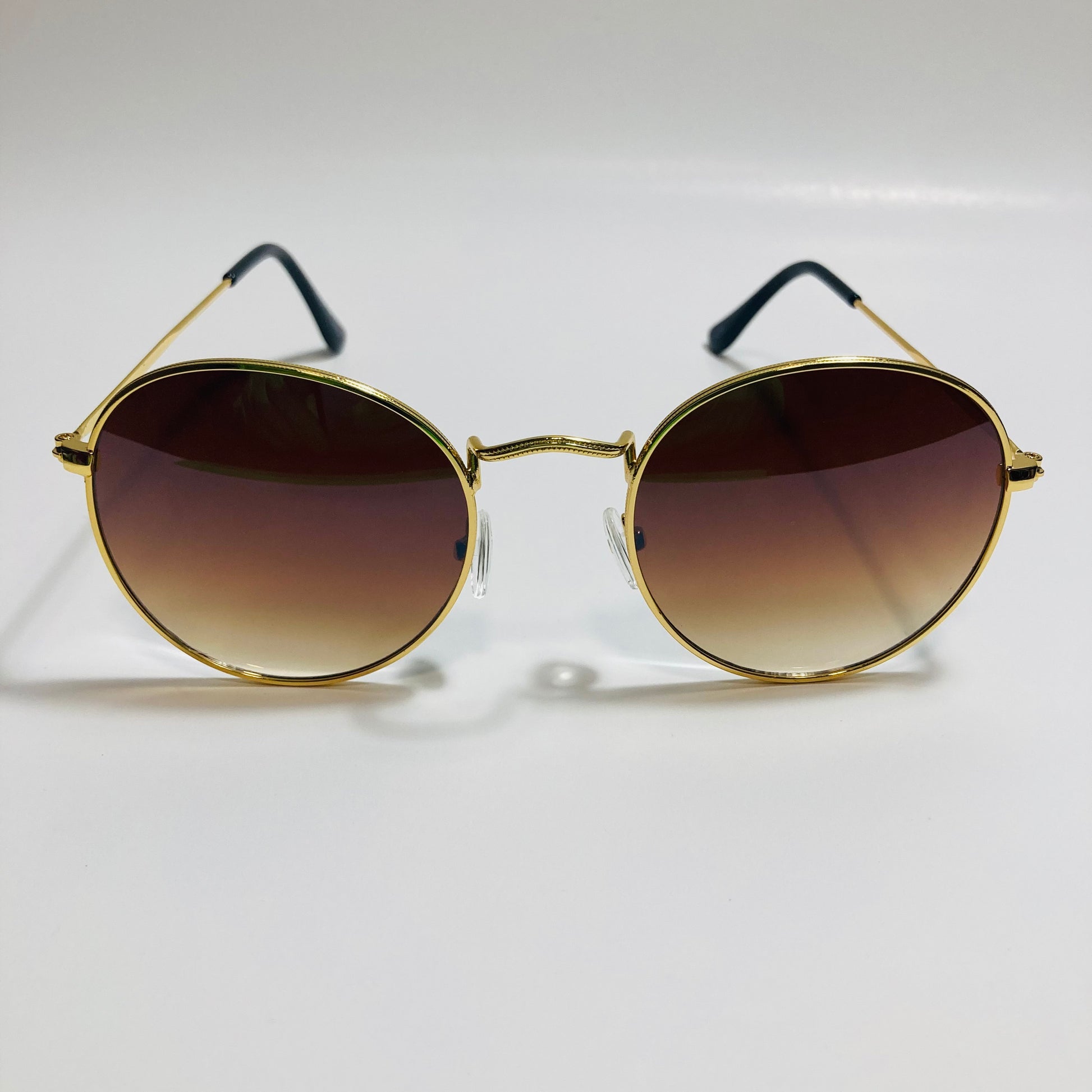 mens and womens round gold sunglasses with brown lenses