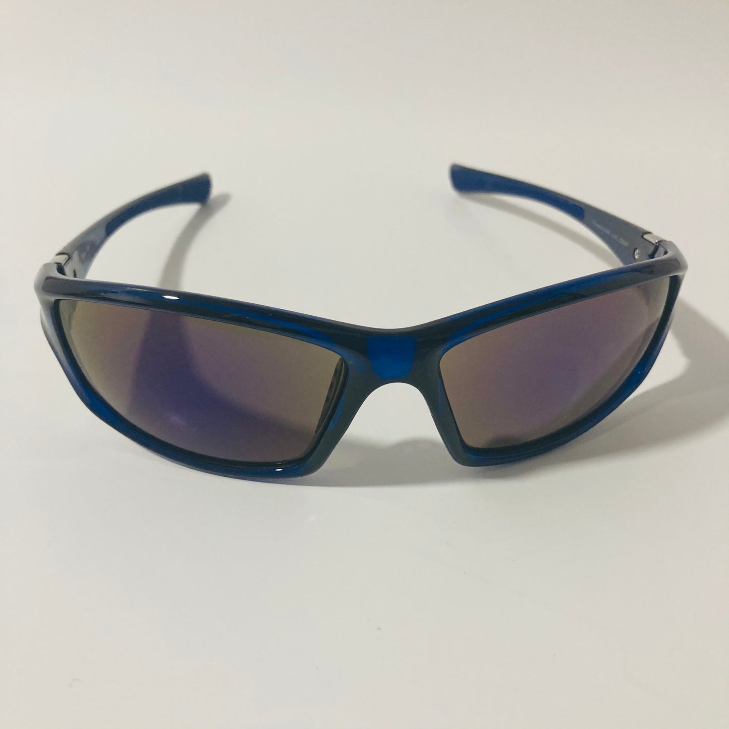 mens and womens blue mirrored wrap around sunglasses