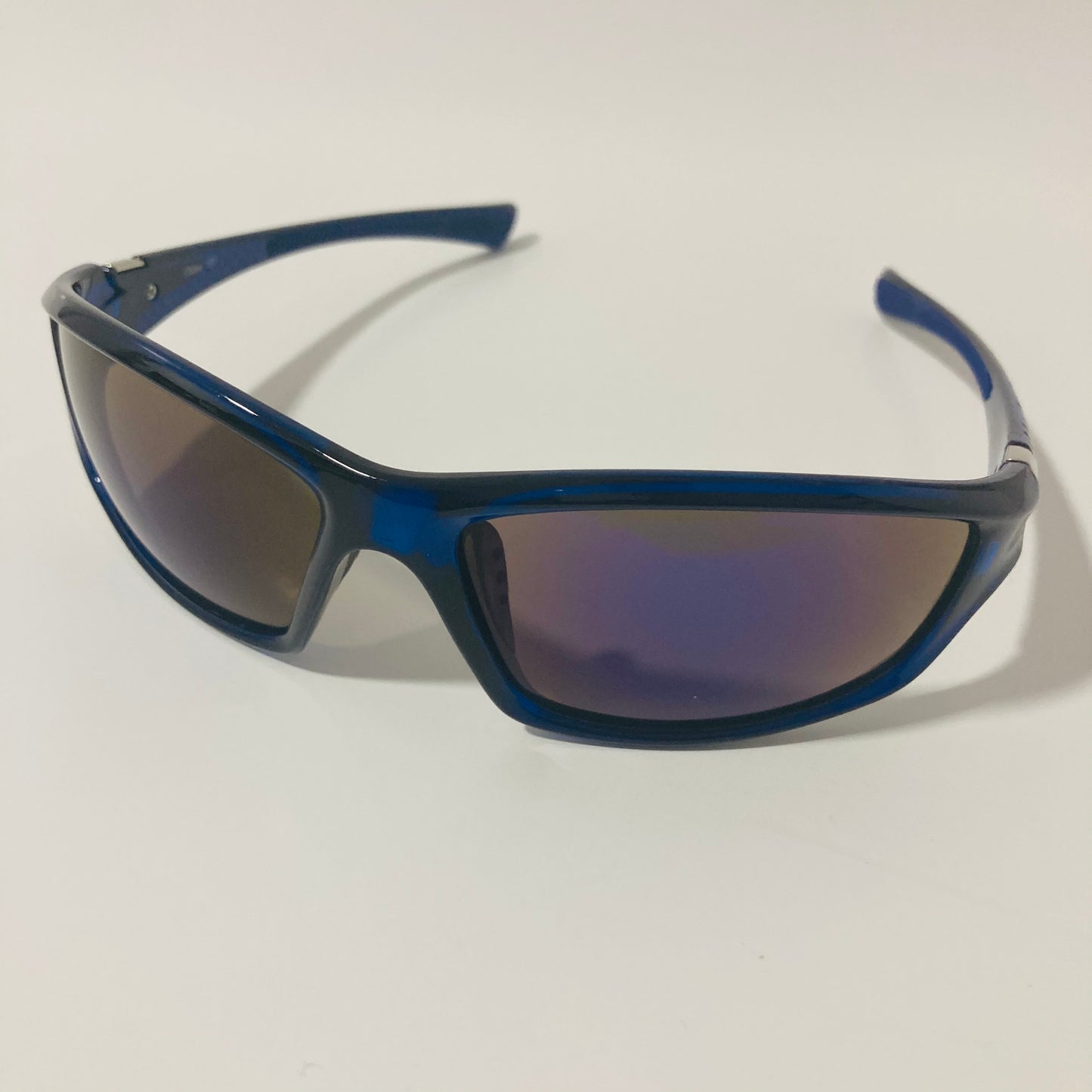 mens and womens blue mirrored wrap around sunglasses