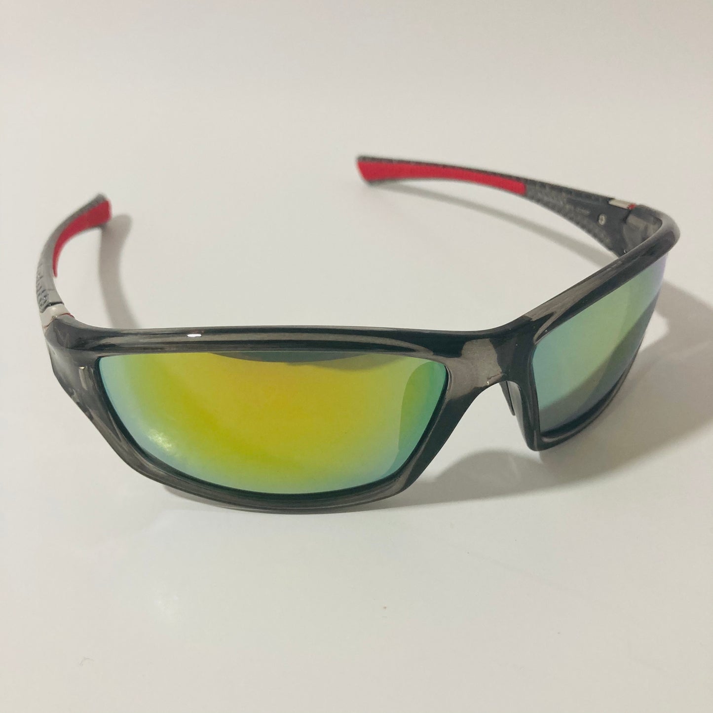 mens and womens gray and green mirrored wrap around sunglasses