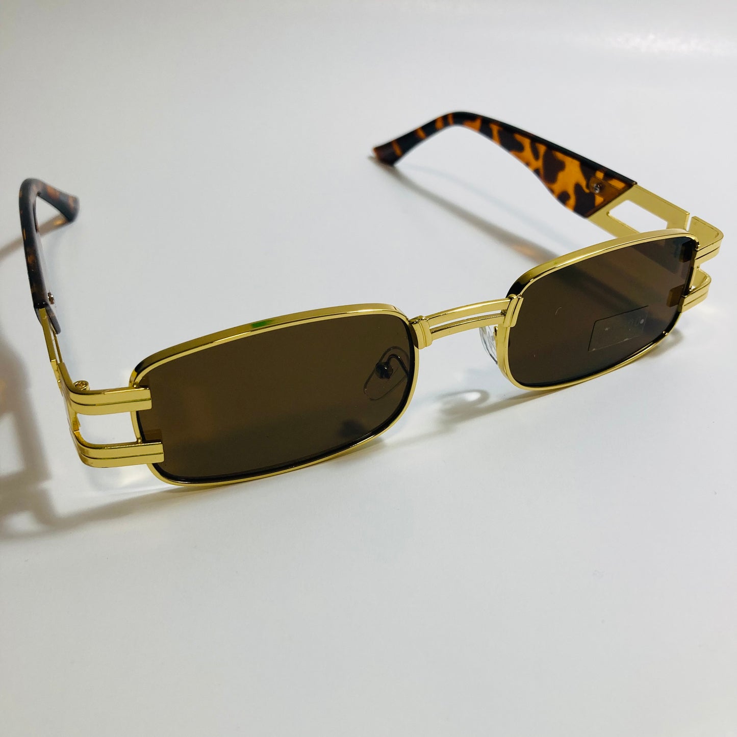 mens and womens gold square sunglasses with brown lenses