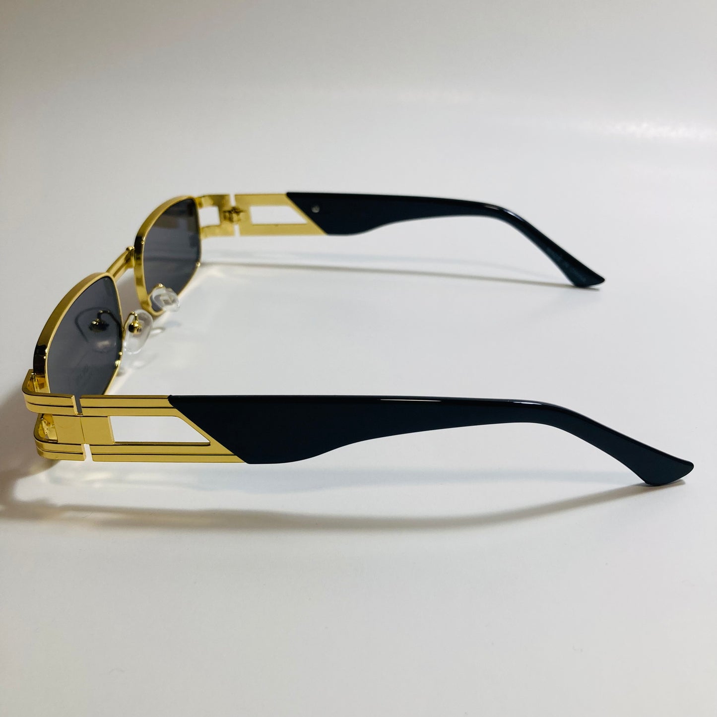 mens and womens gold square sunglasses with black lenses