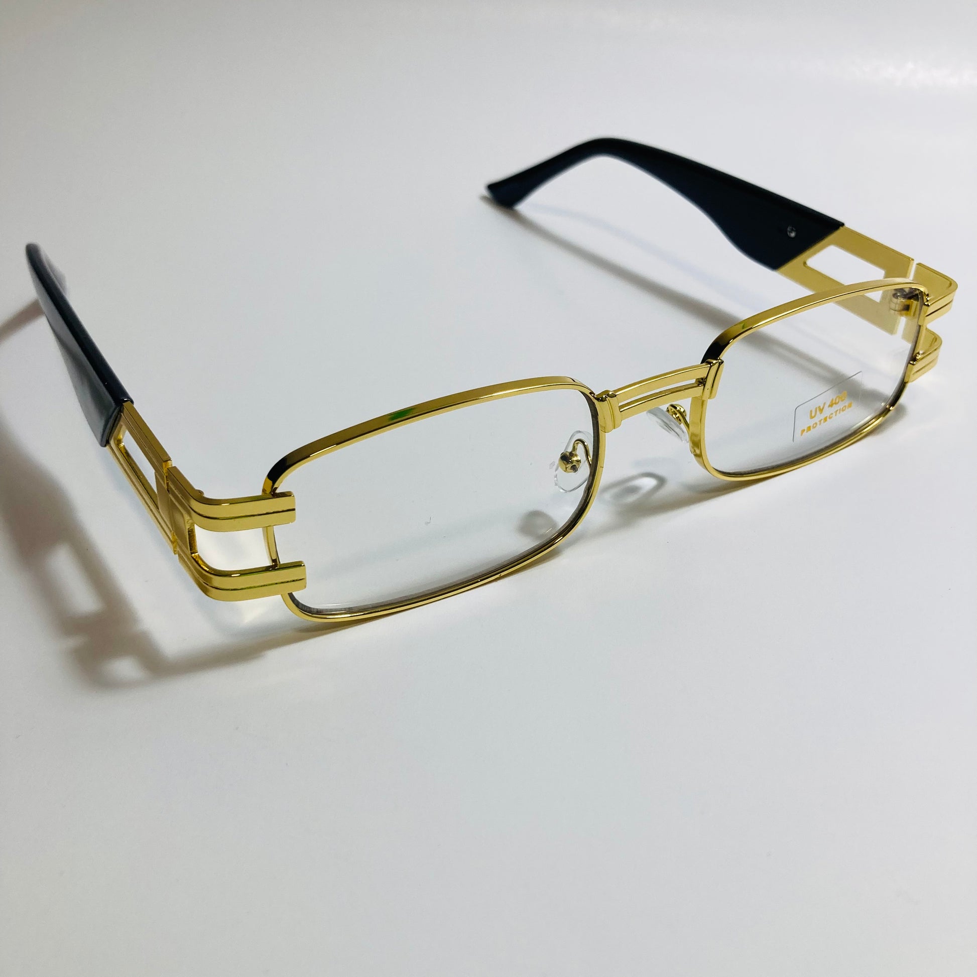 mens and womens gold square sunglasses with clear lenses