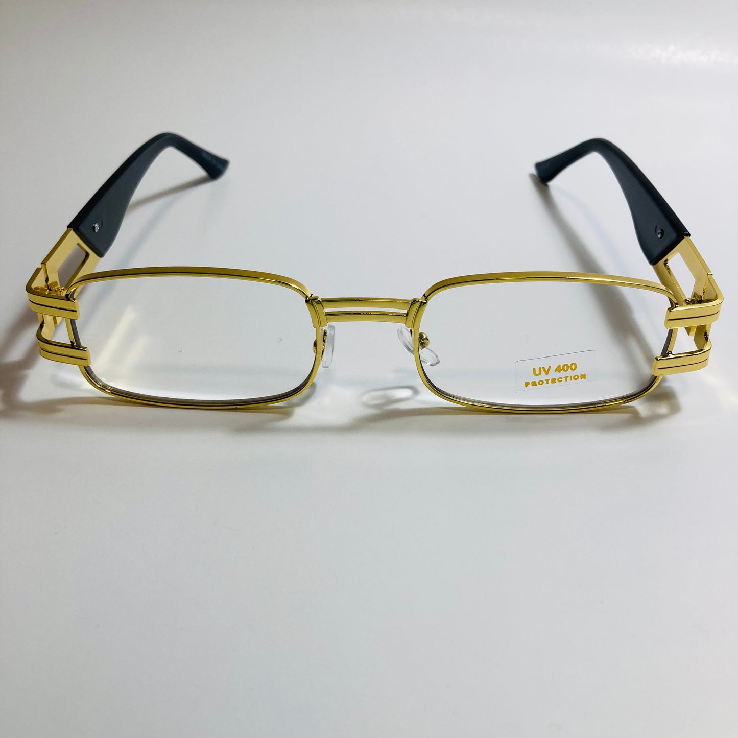 mens and womens gold square sunglasses with clear lenses