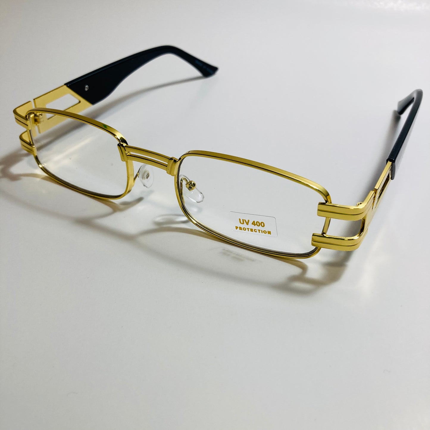 mens and womens gold square sunglasses with clear lenses