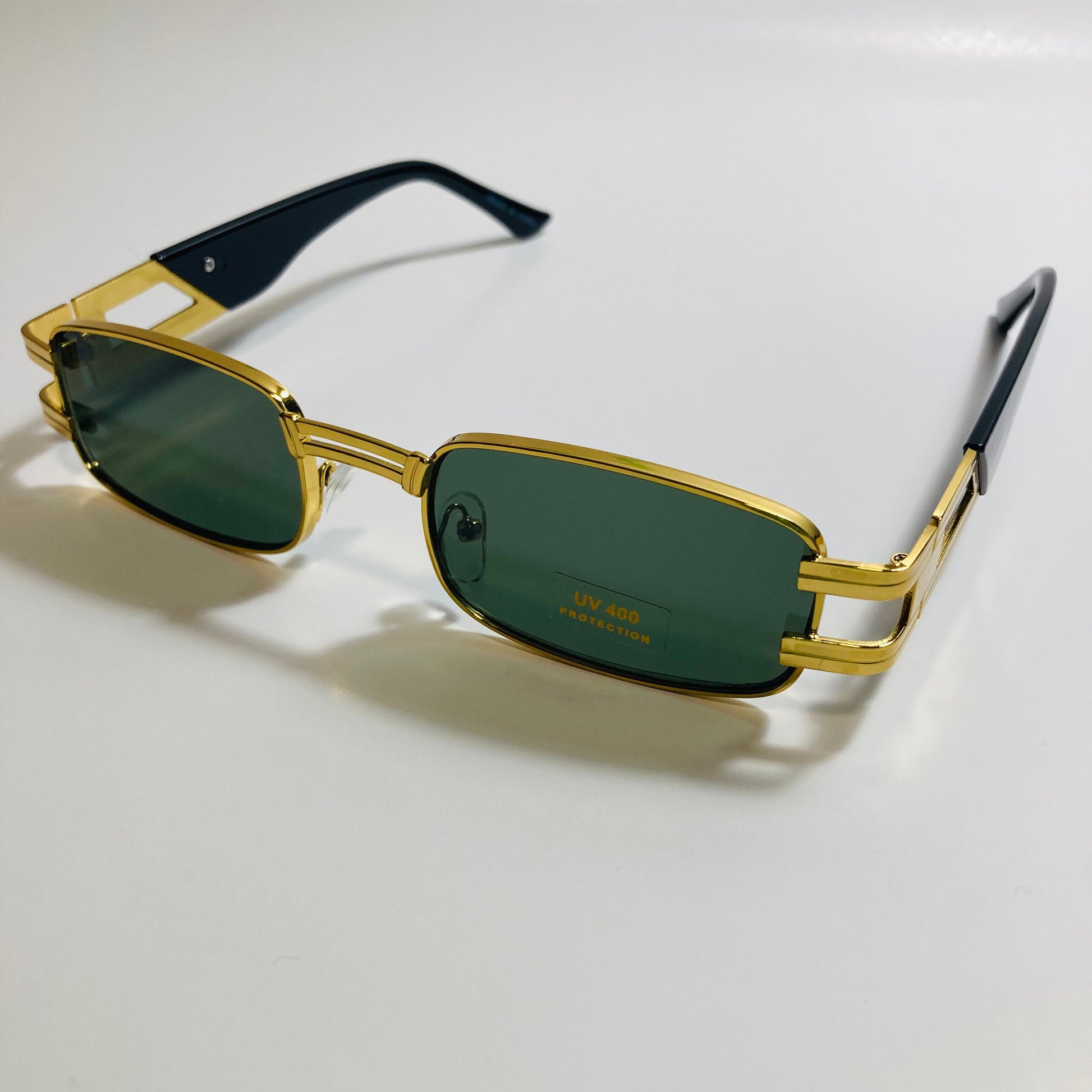mens and womens gold square sunglasses with green lenses
