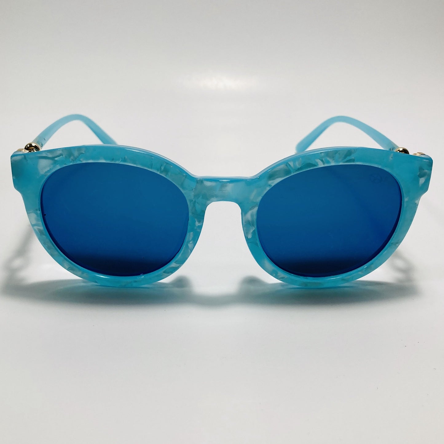 womens blue round sunglasses with mirrored blue lenses
