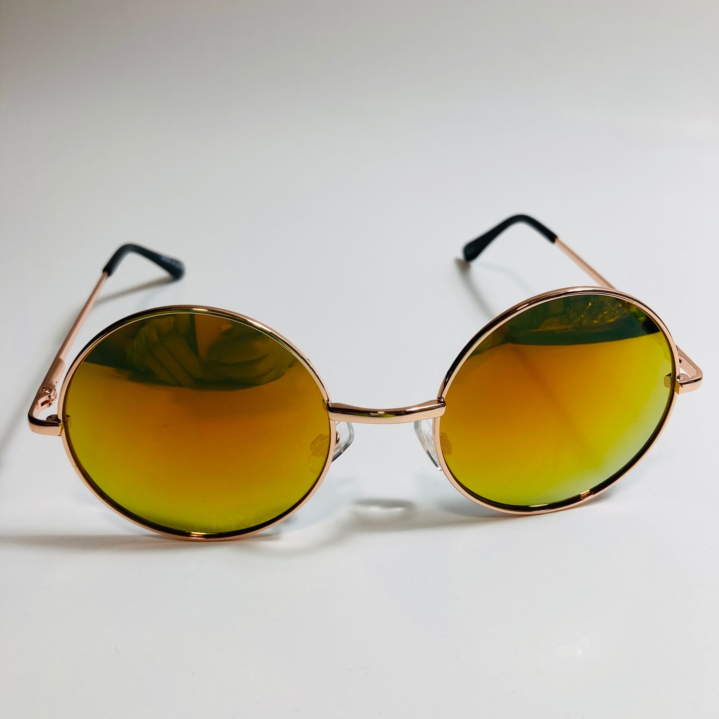mens and womens gold and orange mirrored round sunglasses