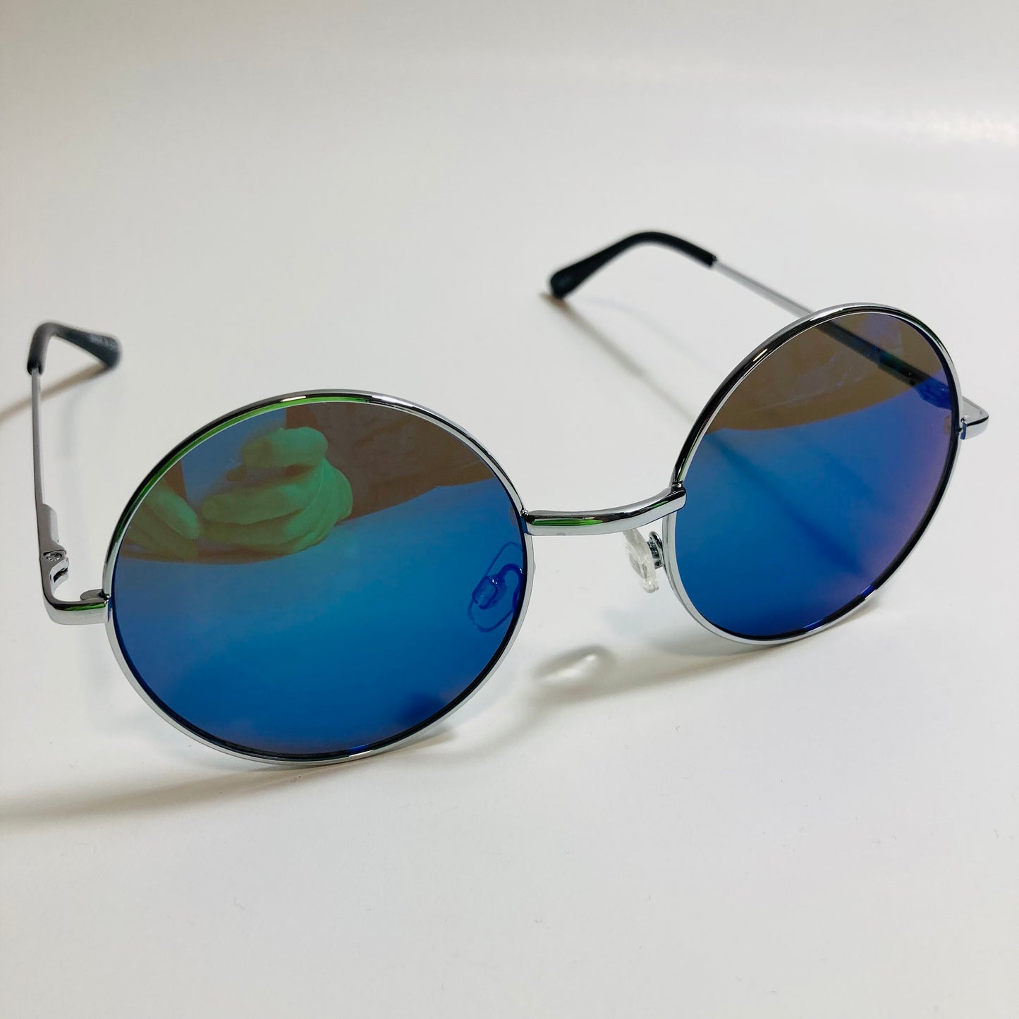 mens and womens silver and blue mirrored round sunglasses