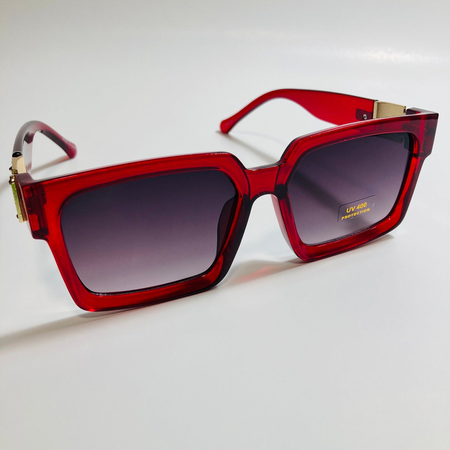 mens and womens black red and gold square sunglasses